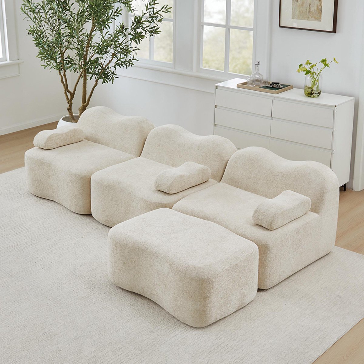 KOMHTOM BLACKCOLORS Modulaire L-vormige 3-zits hoekbank met 1 chaise longue, 32D-schuim met hoge dichtheid, golvende vorm, diepe zitting, afneembaar armleuningkussen, voor de woonkamer, Beige