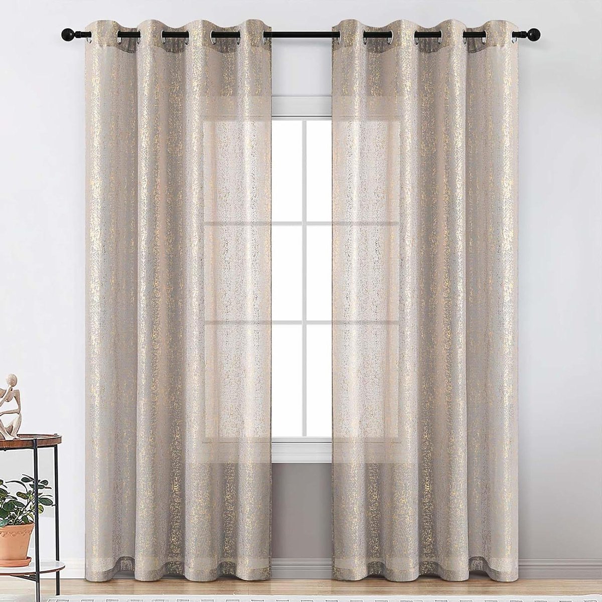 Transparante Gordijnen - Voile Gordijnen - Decoratie Woonkamer - Metallic Goudfolie - 241 cm - Goudgrijs