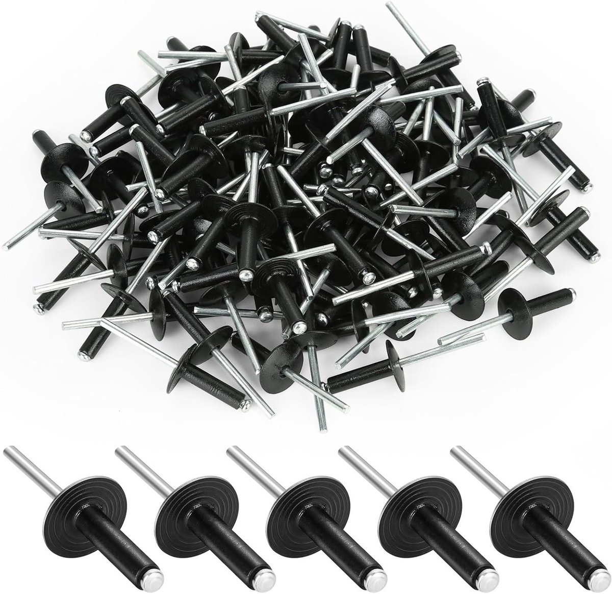 Set van 100 Aluminium Blindklinknagels met Grote Flens, 4,8 x 20 mm, Ideaal voor Bouw, Schepen en Auto's, Zwart Geverfd, Pop Rivets, Duurzaam en Betrouwbaar