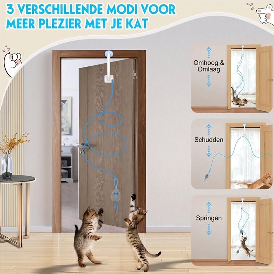 Kat speelgoed dat aan een deur hangt, met drie verschillende speelmodi: Omhoog & Omlaag, Schudden, Springen. '3 verschillende modi voor meer plezier met je kat'.