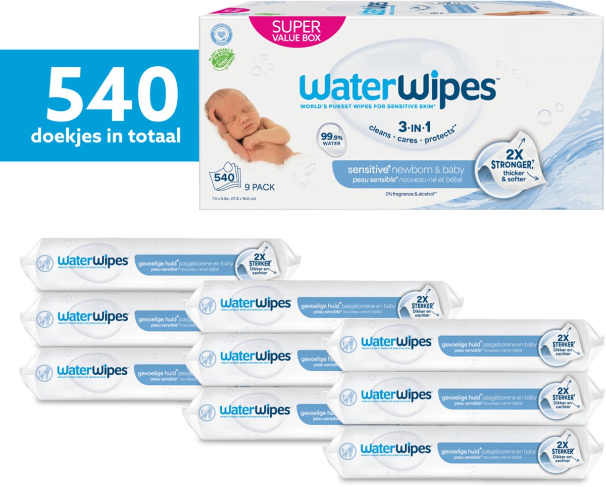 Bol.com WaterWipes Billendoekjes Bio Sensitive - 99,9% Water - 9 x 60 - 540 Babydoekjes aanbieding