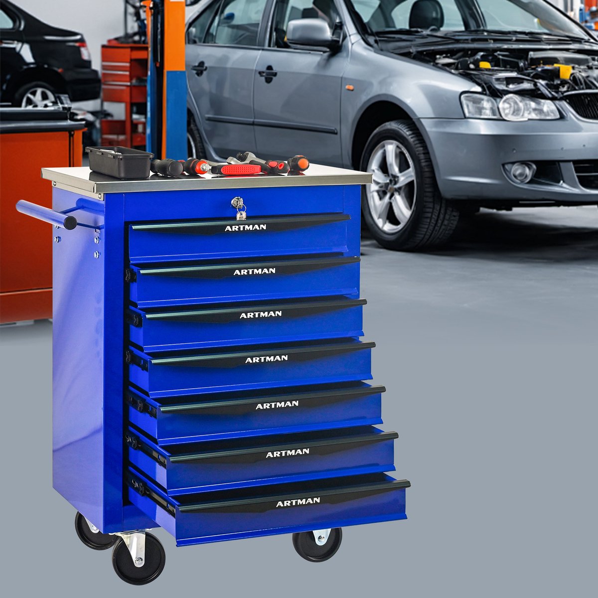 Gereedschapskar Met 7 Lades En Wielen - Afsluitbaar Met Handgreep Voor Werkplaats En Garage - Staal - Blauw - 62,5x34,5x78 Cm
