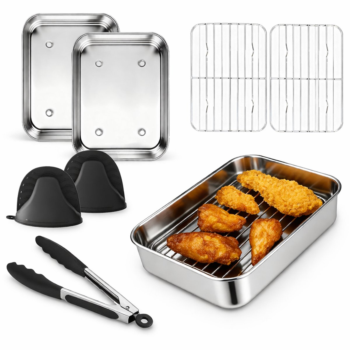 Airfryer Accessoires Set 6-Delig - Perfecte Pasvorm Ninja Dual Zone - 304 RVS Ovenvormen & Grillroosters - 360° Luchtcirculatie - Inclusief Tang & Handschoenen - Airfryer Set Ninja