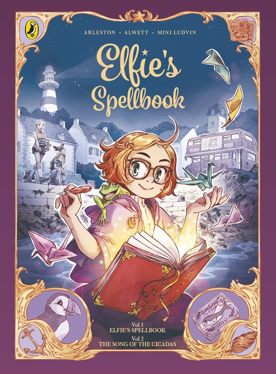 De cover van 'Elfie's Spellbook' toont een meisje met oranje haar en een kikker op haar schouder, die een toverboek vasthoudt.
