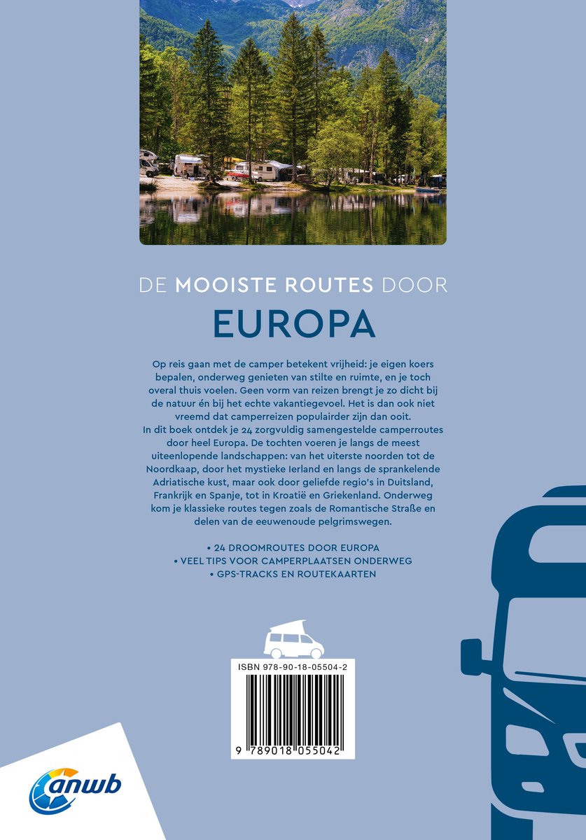 Livre pour camping-car "Les plus beaux itinéraires en Europe" avec photo d'un camping à côté d'un lac avec des montagnes.