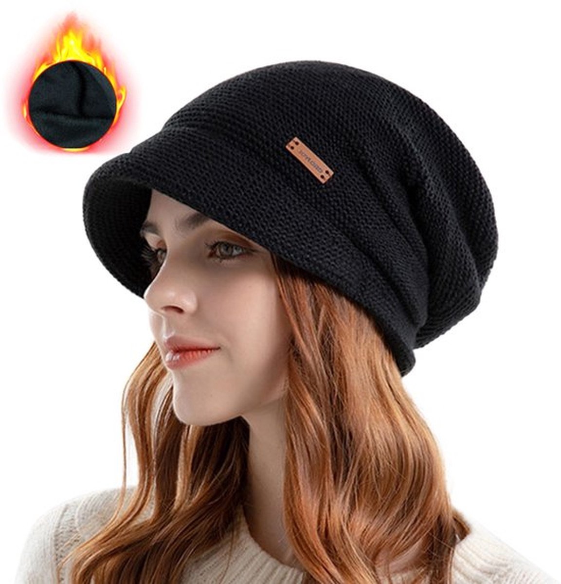 Gebreide muts voor dames - Winterse, met fleece gevoerde, warme, slouchy muts met klep