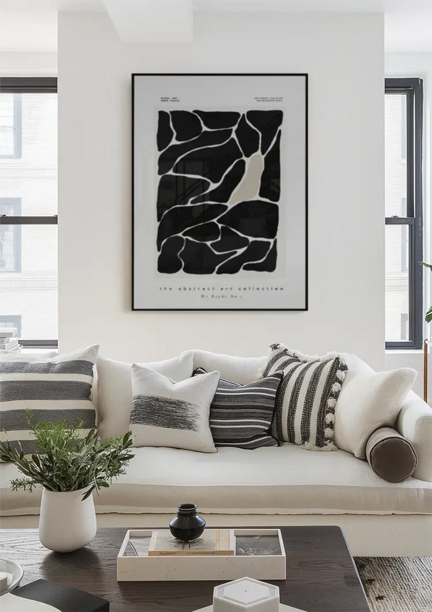 Yourwallarts.com - Wandpaneel - Canvas - Abstracte Zwarte Rotsen Witte Lijnen Organisch Modern Schild