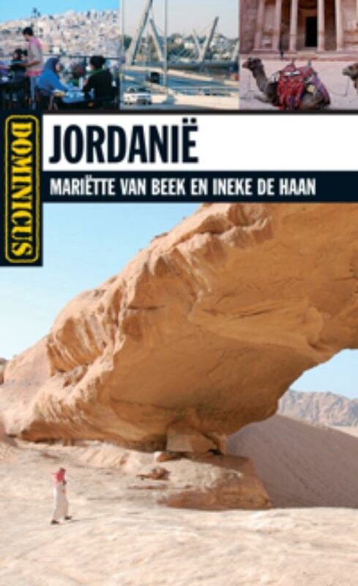 Boekomslag met een collage van foto's van Jordanië: Petra, een brug, mensen en een kameel.