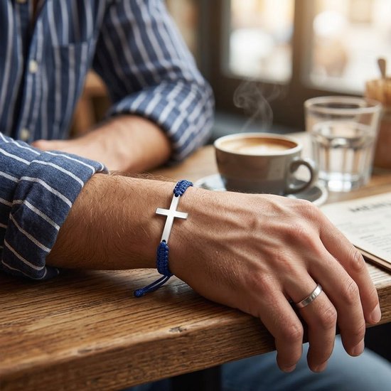 Arm van een man met een marineblauwe gevlochten armband met zilverkleurig kruis, bij een tafel met koffie.
