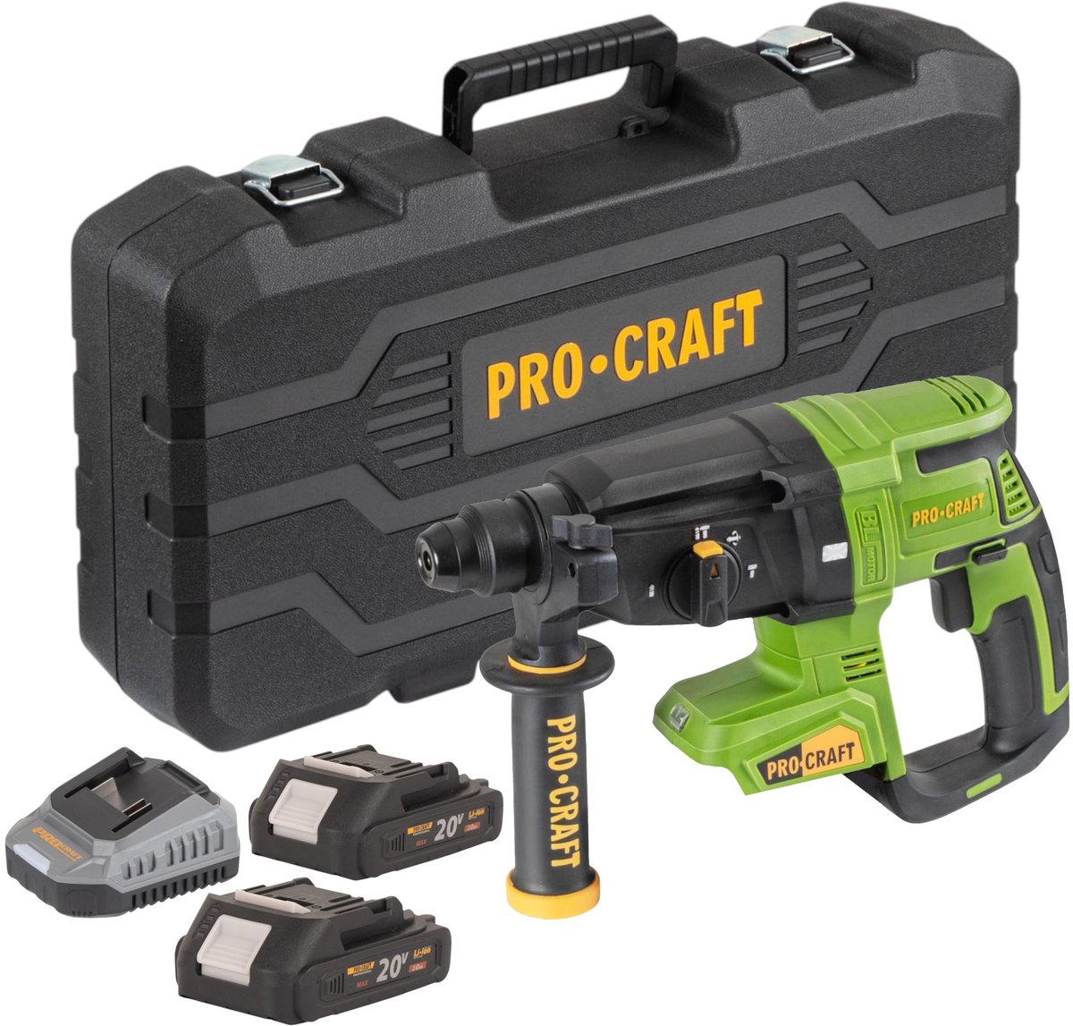 Procraft PHA40bb-c accu-boorhamer 20 V 2,6 J SDS plus borstelloos + 2x accu 2,0 Ah + oplader + koffer