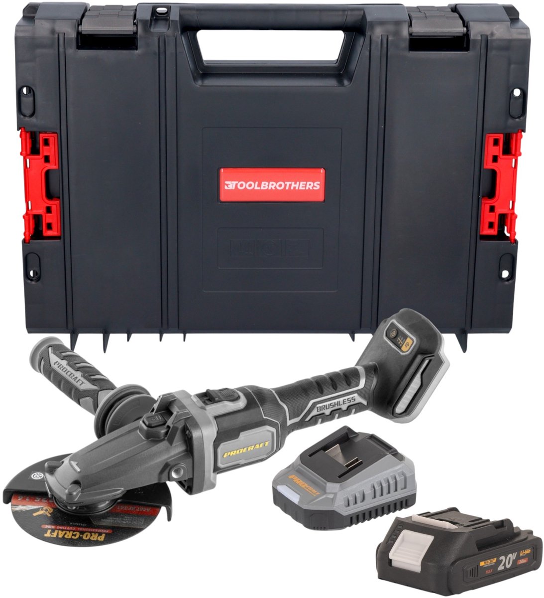 Procraft Industrial AG125Cbb accu vlakke hoekslijper 20 V 125 mm borstelloos + 1x accu 2,0 Ah + oplader + RHINO-gereedschapskoffer