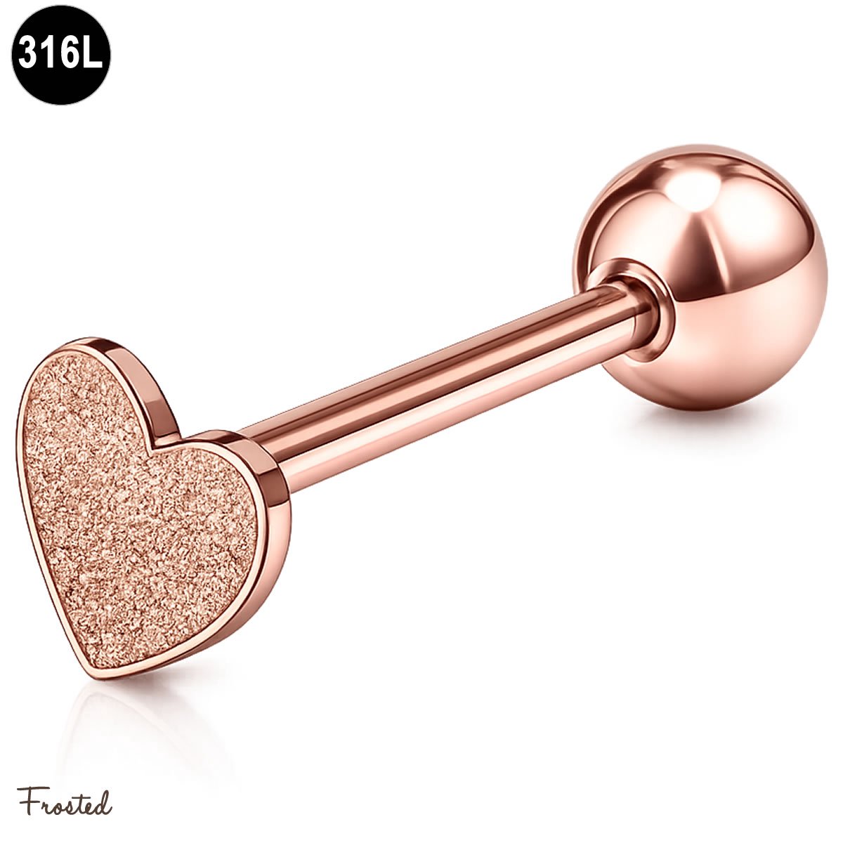 Tongpiercing - rosé goud - hartje - 316L staal - 1.6mm x 16mm
