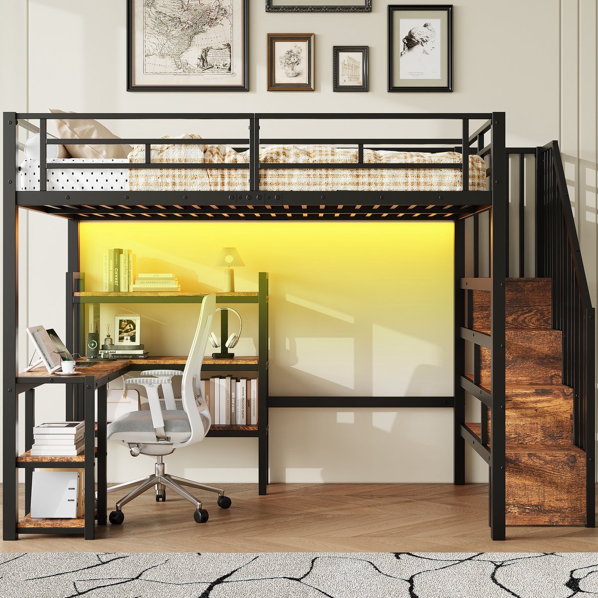 Zubaliya Metalen Hoogslaper 140x200 cm met Bureau, Trap, Opbergrekken, USB en LED Verlichting - Gaming Loft Bed - Zwart