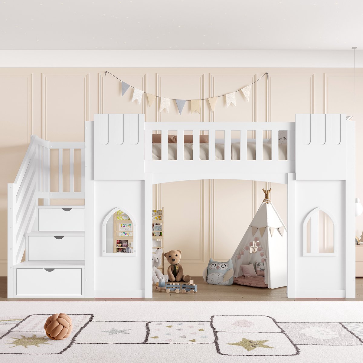Zubaliya Hoogslaper 90 x 200 cm met opbergtrap – massief grenenhout – voor kinderkamer en tienerkamer – praktisch ruimtebesparend ontwerp Wit