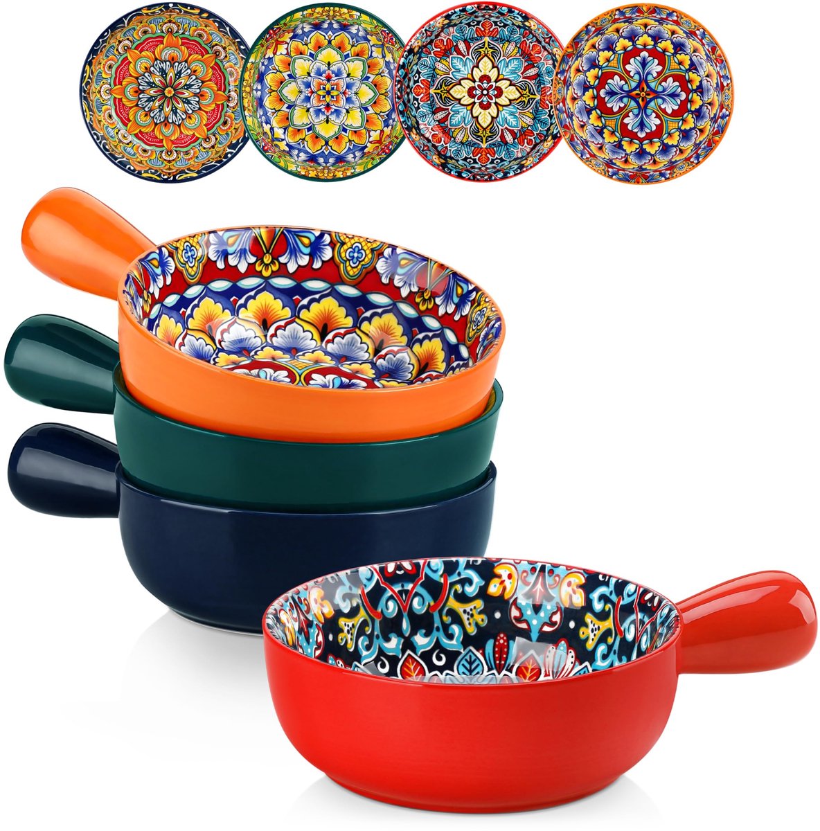 Allecto - Soepkom met Handvat - Set van 4 - Oven- en Magnetronbestendig - Bohemian Stijl - Keramische Soepkommen - Geschikt voor Soep en Cereal