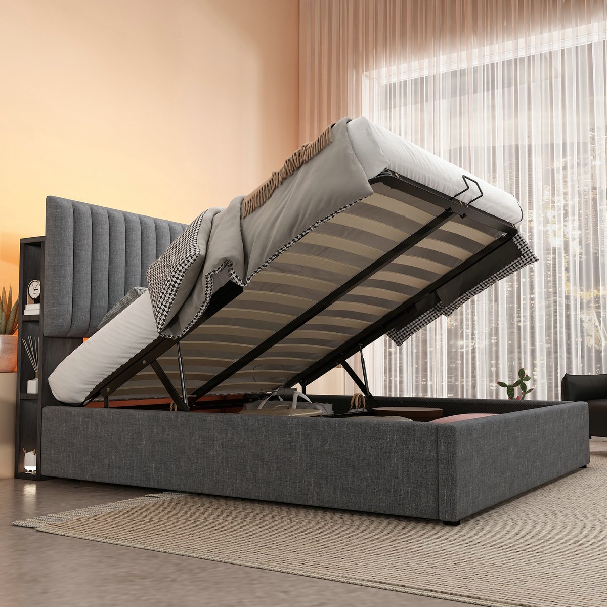 VVBV Bed met opbergruimte 140x200 / Gestoffeerd bed 140x200 / Tweepersoonsbed 140x200 – met LED-Verlichting, USB, USB-C, Stopcontact, Lattenbodem – Linnen Grijs met Matras