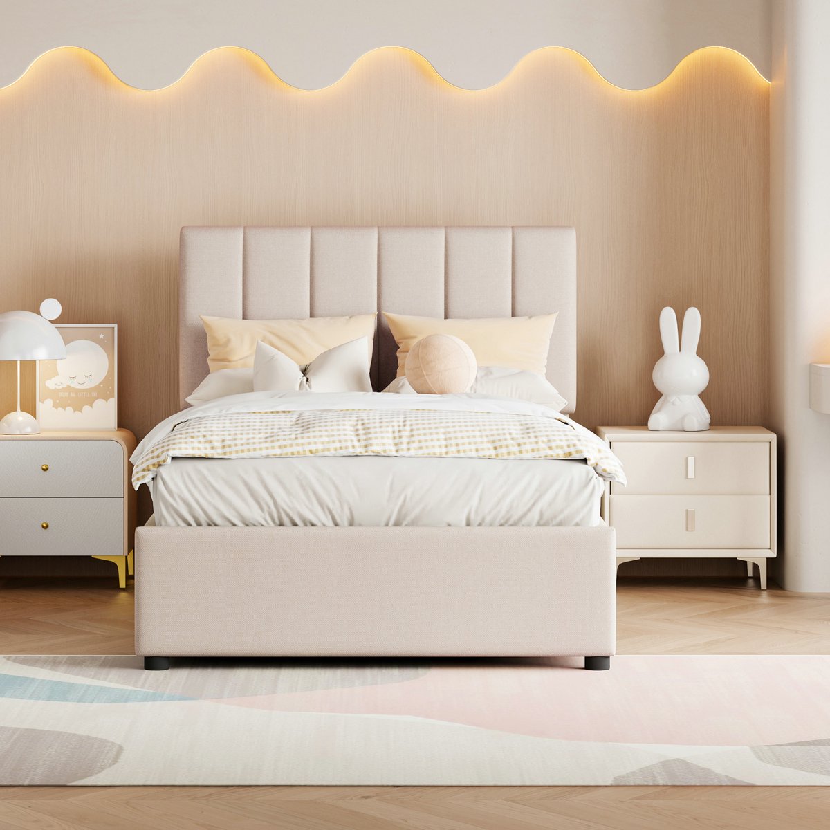 VVBV Gestoffeerd Bed met Opbergruimte 90x200 cm met Voor Kinderen/Tieners, Hydraulische Opbergruimte - Linnen Beige