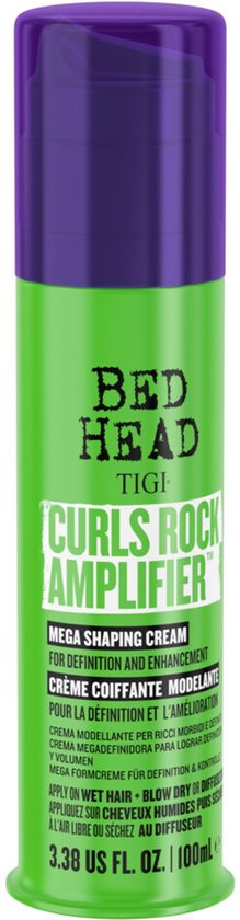 Flacon vert TIGI Bed Head Curls Rock Amplifier avec bouchon violet, isolé sur fond blanc.