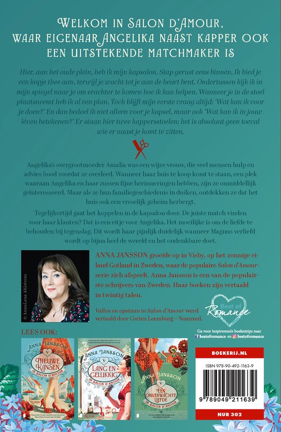 Couverture de livre avec le texte 'Bienvenue au Salon d'Amour', une photo d'Anna Jansson et une description du livre.