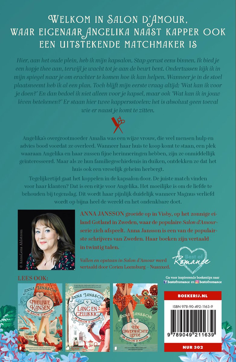 Couverture de livre avec le texte 'Bienvenue au Salon d'Amour', une photo d'Anna Jansson et une description du livre.
