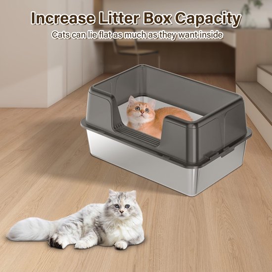 Kattenbak XXL RVS - Kattenbak Groot Half Open - Katten Toilet met Hoge Rand en Zeef - Inclusief Schep en Anti-Slip Mat - 60x40x31,5 cm