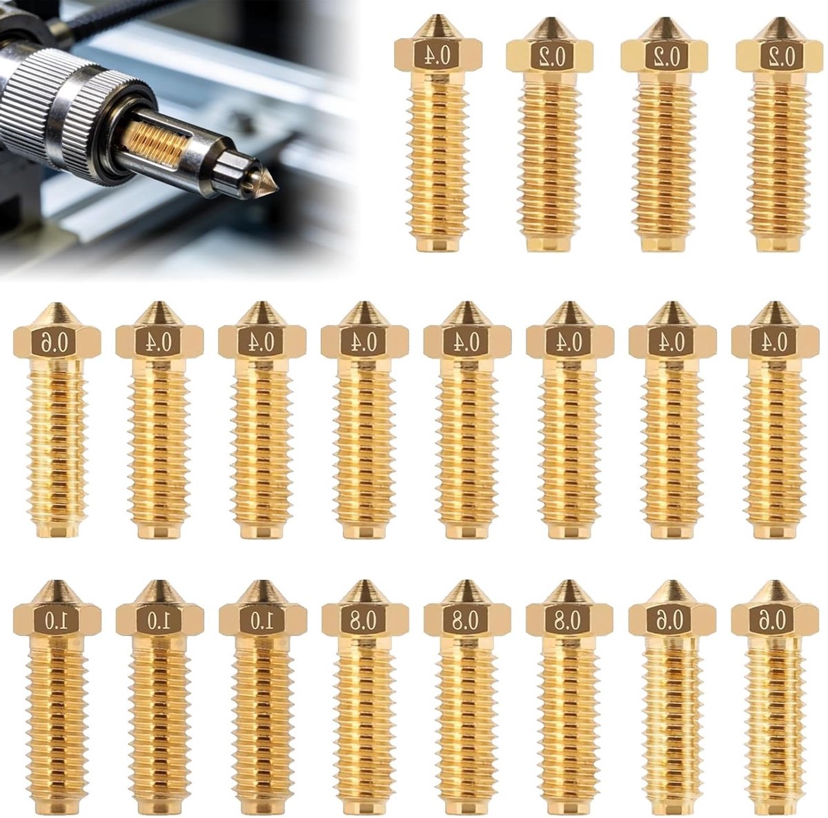 20 Stuks Messing Spuitmonden voor 3D Printers, Vervangingsset met 0.4mm, 0.2mm, 0.6mm, 0.8mm en 1mm Nozzles, Geschikt voor Diverse 3D Printprojecten