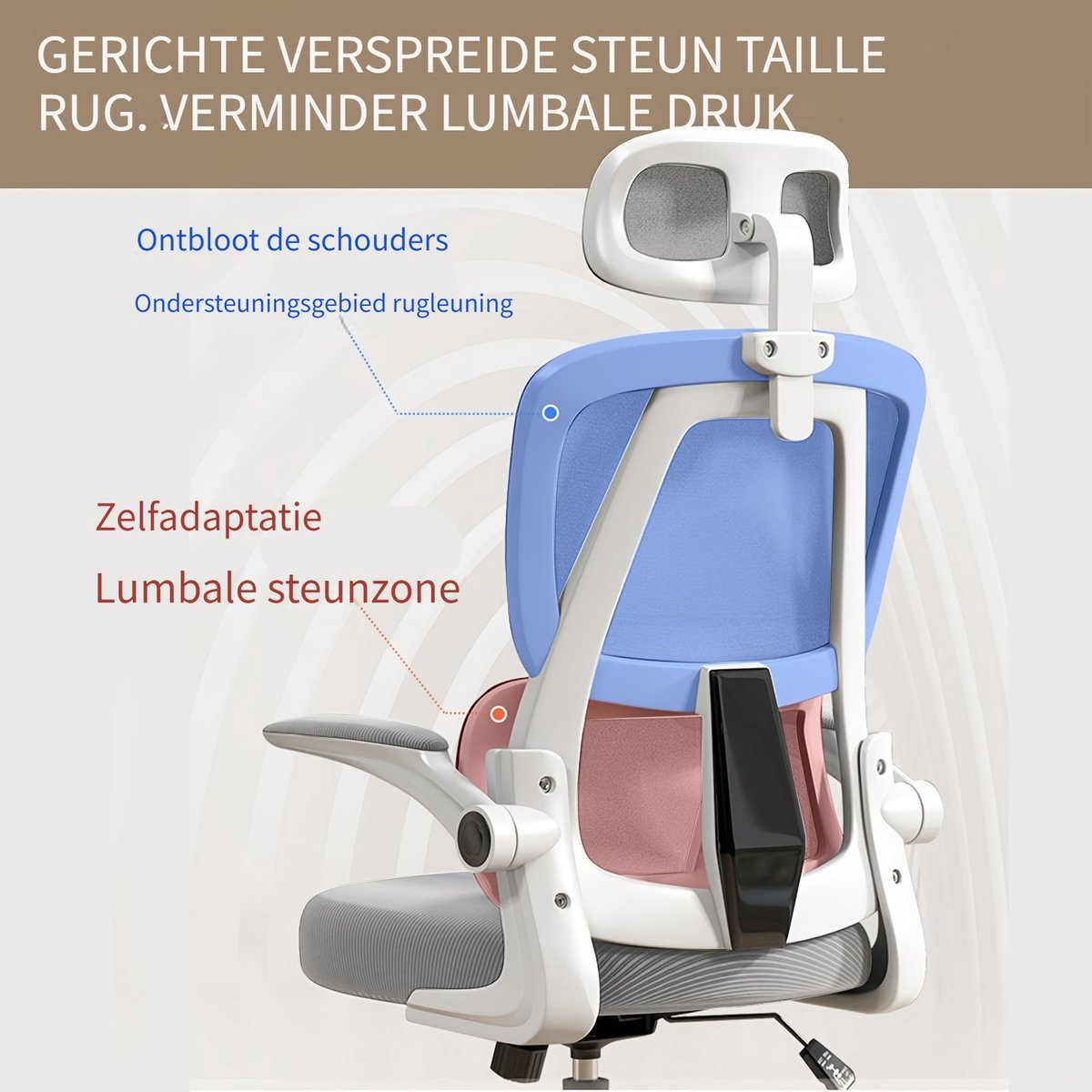Ergonomische bureaustoel-Draadloze Stoffen Hoge Rug Computerstoel-Kantoorstoel Comfortabel met Armleuningen-Lendensteun-Hoofdsteun-Metaal thumbnail 5