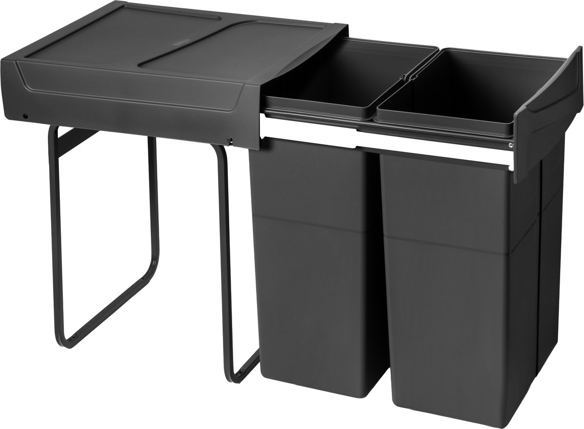 Emuca Recycle prullenbak voor bodembevestiging en handmatig uitschuifbaar in keukenblok Recycle 2x25 liter, Plastic, Zwart