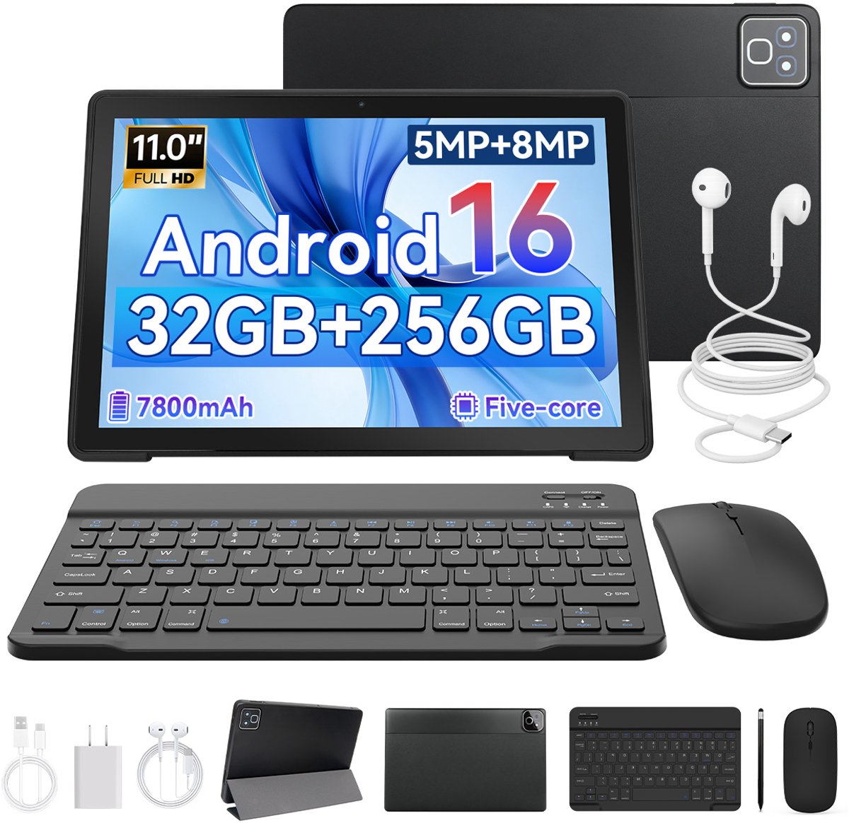 11 inch Tablets - Android 16 - 32GB RAM(3G+29GB) - 256GB - 7800mAh - WiFi6 - Widevine L1 - Face ID - Tablet met toetsenbord,muis,Pen - Zwart