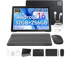 11 inch Tablets - Android 16 - 32GB RAM(3G+29GB) - 256GB - 7800mAh - WiFi6 - Widevine L1 - Face ID - Tablet met toetsenbord,muis,Pen - Zwart