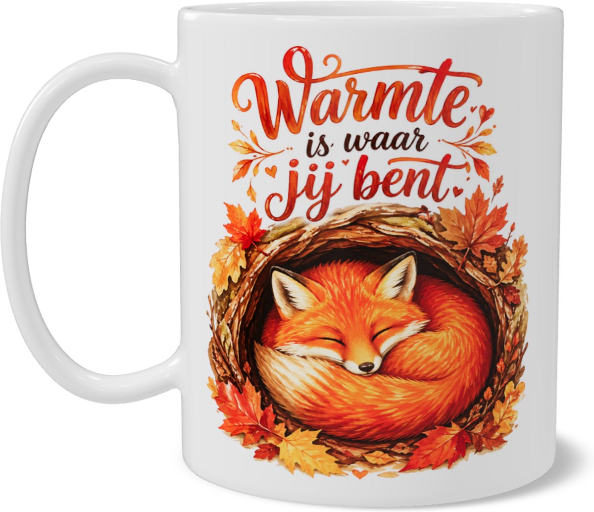 Mok met Slapende Vos en Tekst Warmte is waar jij bent - Herfstachtig Liefdevol Cadeau
