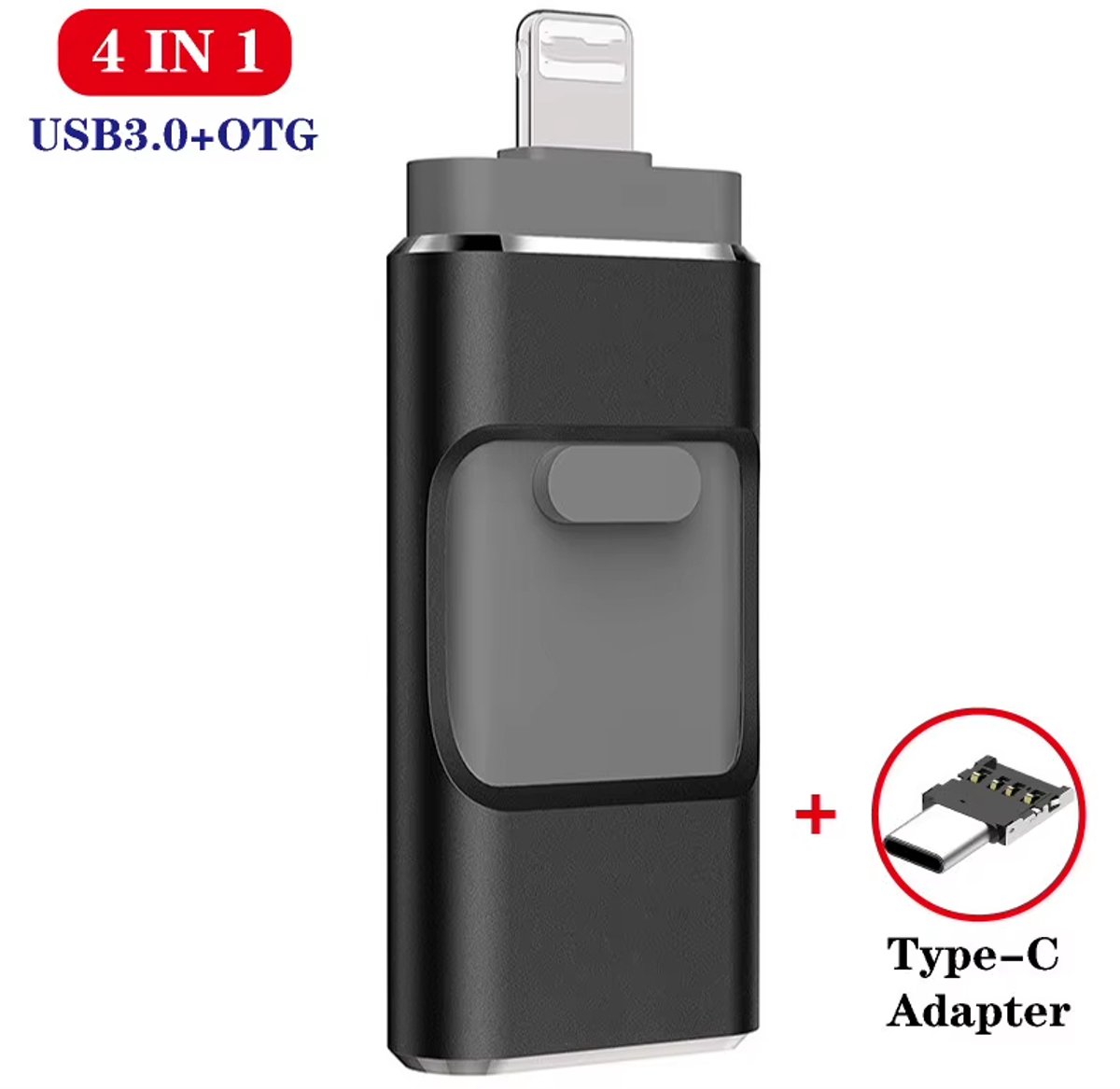 4-in-1 USB Flash Drive 128GB USB 3.0 Geheugenstick – Externe Opslag, geschikt voor iPhone, Android, Telefoon, Type-C & Windows (USB stick, geheugenkaart, opslag stick, OTG)- Zwart