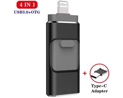4-in-1 USB Flash Drive 128GB USB 3.0 Geheugenstick – Externe Opslag, geschikt voor iPhone, Android, Telefoon, Type-C & Windows (USB stick, geheugenkaart, opslag stick, OTG)- Zwart