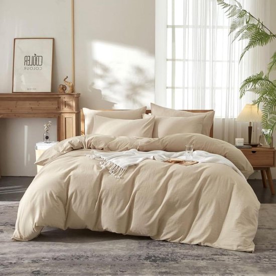 Beddengoed, katoen, 135 x 200 cm, beige, effen, beddengoedset, 100% katoen, linnen, dekbedovertrek, ademend, eenpersoonsbed, 2-delig dekbedovertrek met ritssluiting + 1 kussensloop 80 x 80 cm