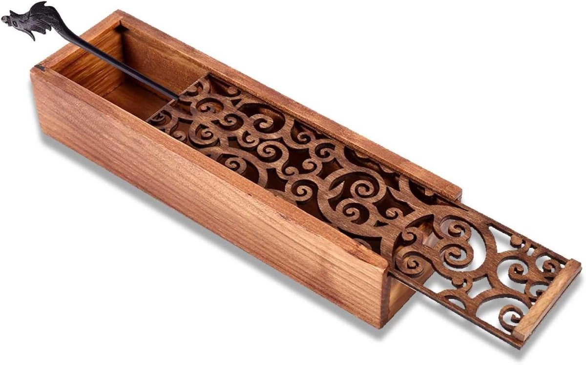 Houten Pennenhouder met Retro Snijwerk en Glijdende Deksel voor Thuis, School en Kantoor, 7.7 X 2.2 X 1.6 Inch, Organiseer je Schrijfgerei en Bureauaccessoires