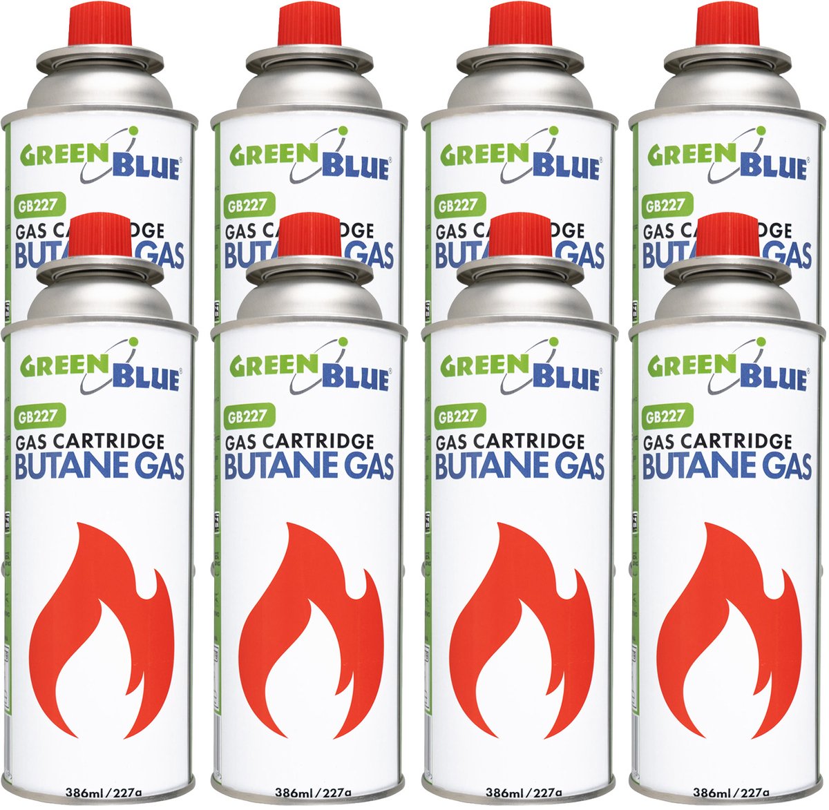 GreenBlue - Gasflessen 8 stuks - Gaspatroon van 227 g. Certificaat: Pi 0875, voldoet aan de norm EN417, butaan, gebruiksbereik -10 °C tot +40 °C, GB227