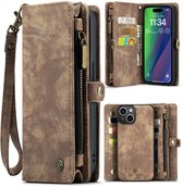 Geschikt Voor iPhone 15 Hoesje - Solidenz Wallet Case - Telefoonhoesje - Case Met Pasjeshouder - Met Ritsvak - Met Polskoord - Portemonee Hoes - Bruin