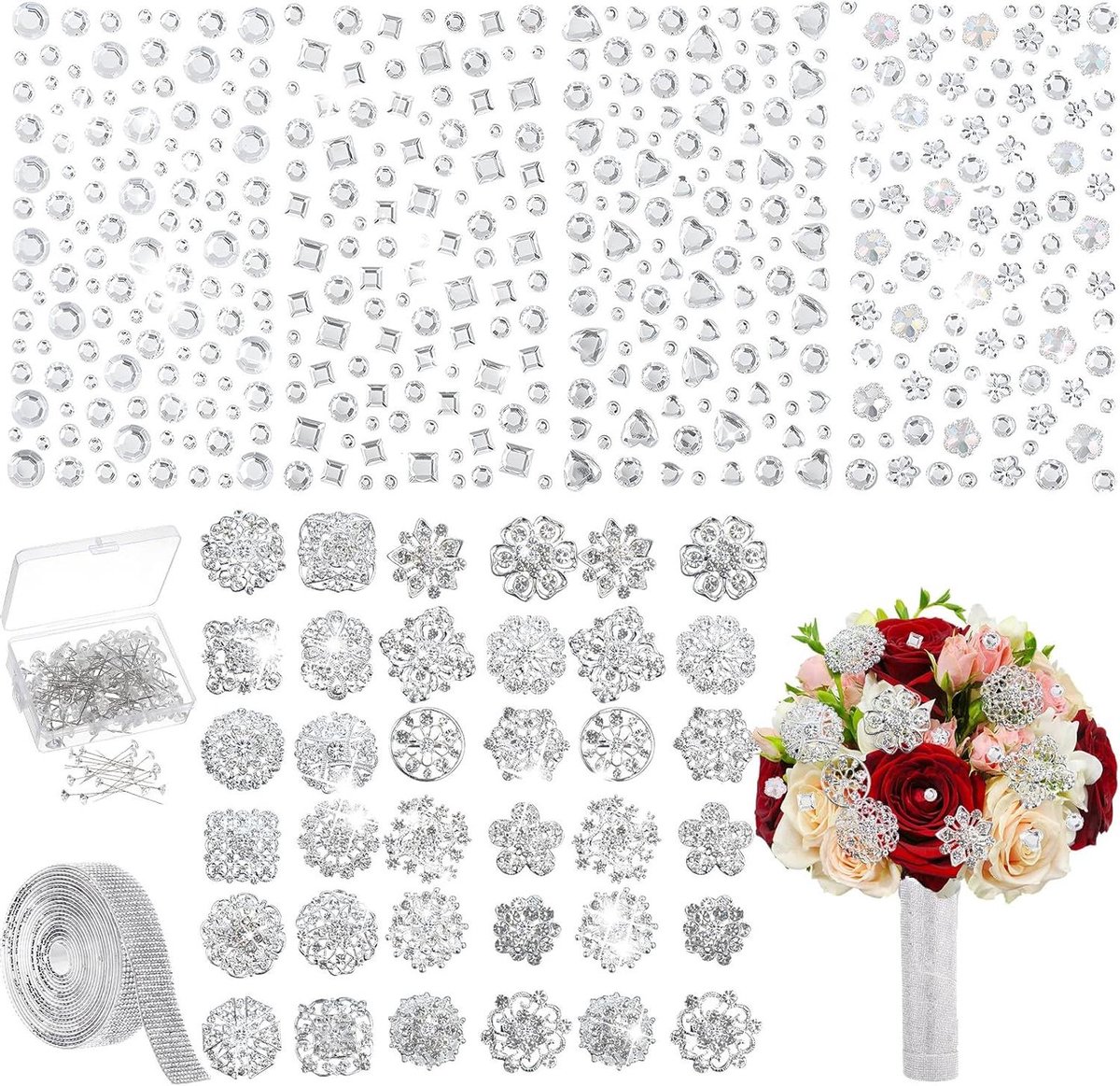 Bruidsboeket Set - Bloemen Pins Decoratie - Bruiloft Versieren - Inclusief Diverse Accessoires - 141 Stuks - Zilver