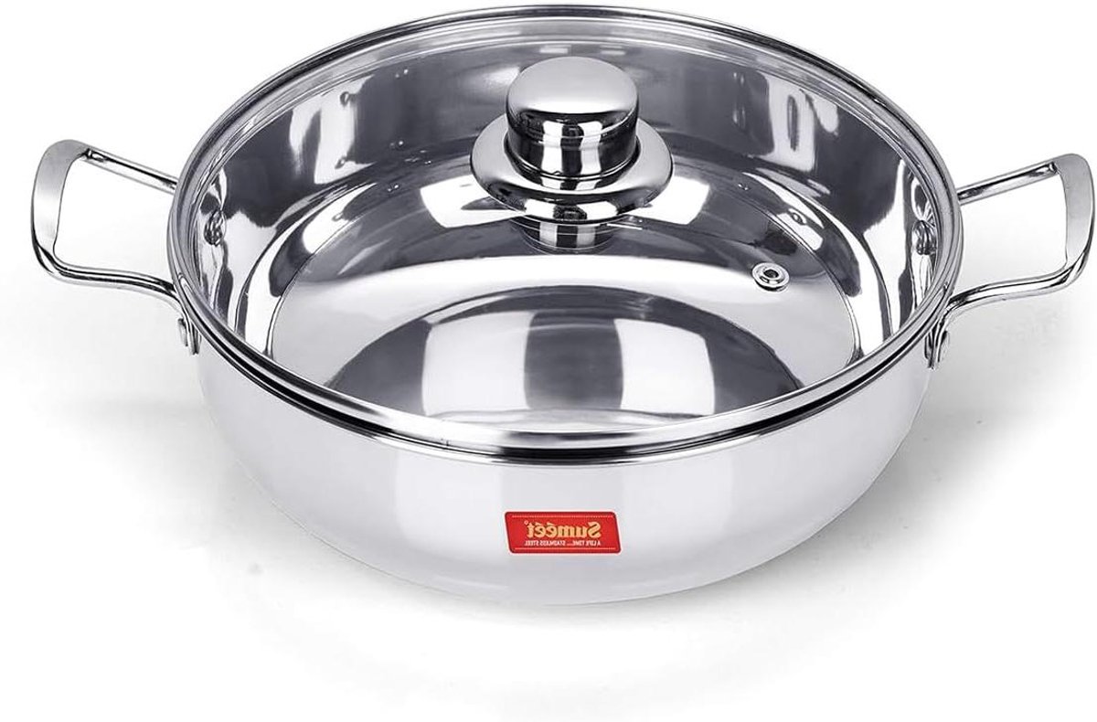 Kadhai met Glazen Deksel - Soeppan Braadpan - Snel Koken - Energiezuinig Sandwich Bodem - 3.8 Liter - Zilverkleurig