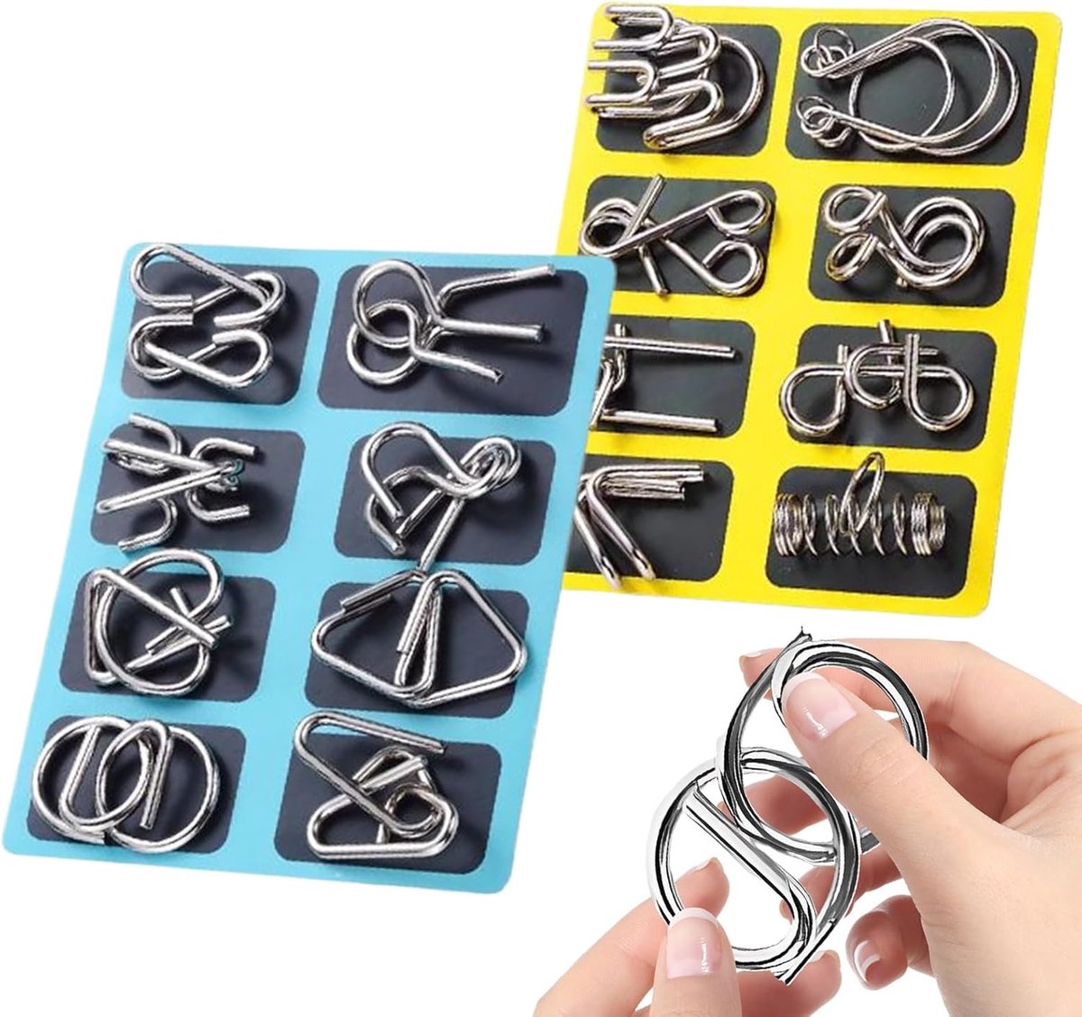 Metalen Draadpuzzels - Hersenkrakers Set - Mentale Uitdaging - 16 Unieke Puzzels - 18x14x2 cm - Zilverkleurig