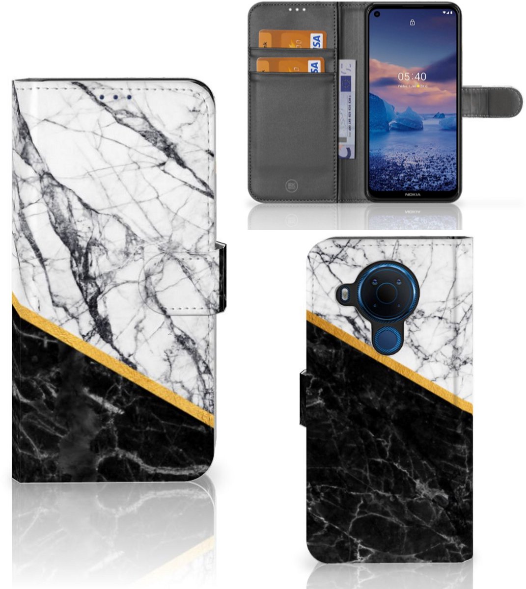 Book Case voor Nokia 5.4 Bookcase Marmer Wit Zwart - Origineel Cadeau Man