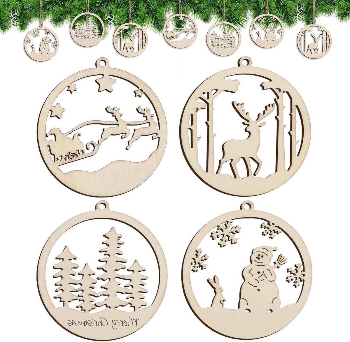 Kerstdecoraties van Hout - 12 Stuks Houten Ornamenten voor de Kerstboom, Feestelijke Hangdecoraties en Cadeautags voor Binnen en Buiten