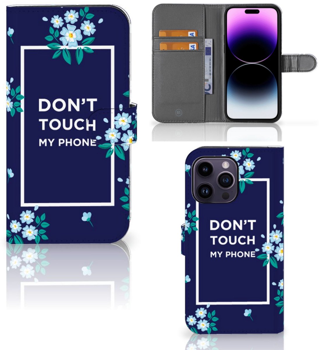 Boekhoesje voor iPhone 15 Pro Max Portemonnee Hoesje Flowers Blue DTMP
