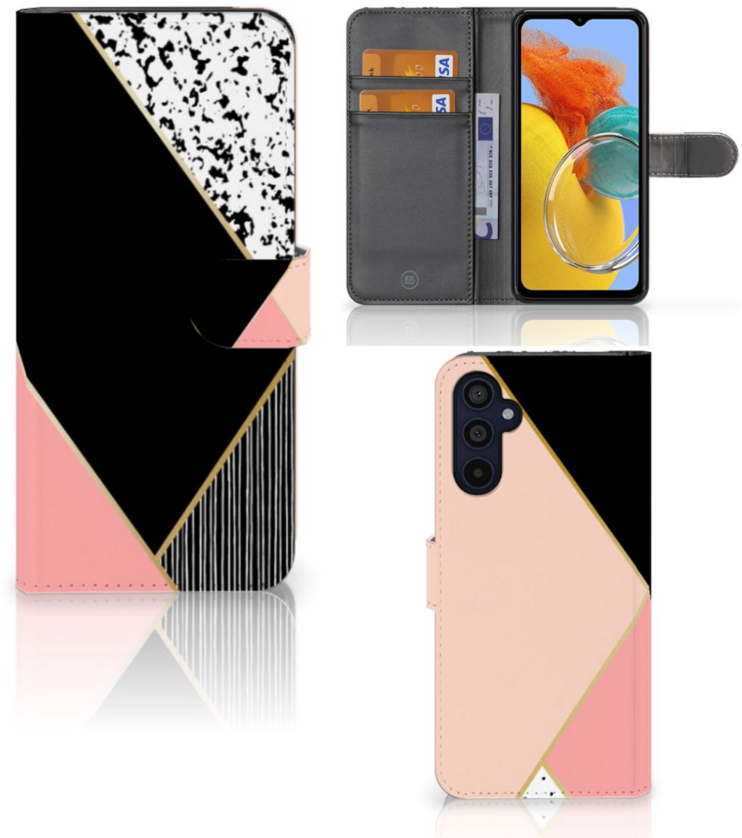 Samsung Galaxy M14 Book Case Zwart Roze Vormen