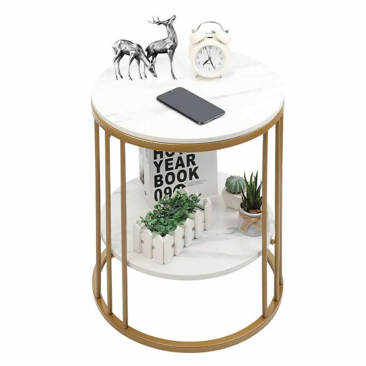 DailyDamaar salontafel - Bijzettafel - Tafel - Nachtkastje - 2-laags - Marmer - Rond - Minimalistisch - 40x40x54cm - Wit - Goud