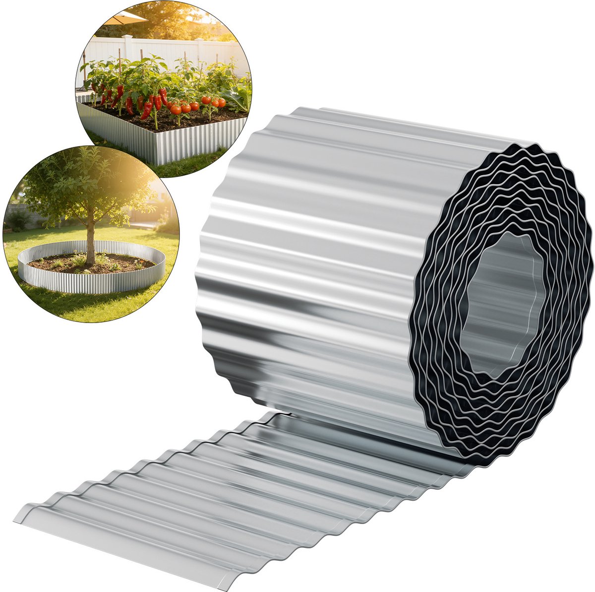 Metalen Tuinrand 30m x 15 cm, Gazonafboording van Gegalvaniseerd Staal, Flexibel en Roestbestendig, Zilver