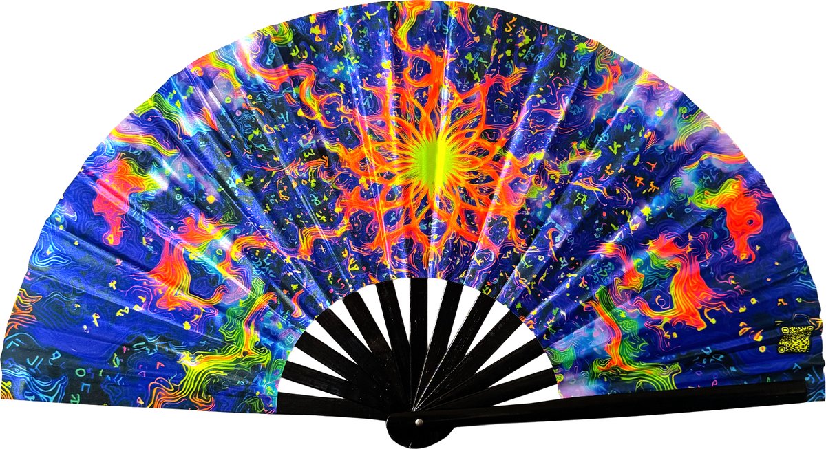XXL festival waaier - Handwaaier - Spaanse waaier - Glow in the Dark - UV / Blacklight - Glowing effect - 62 x 32 cm - Bamboe - Mandala