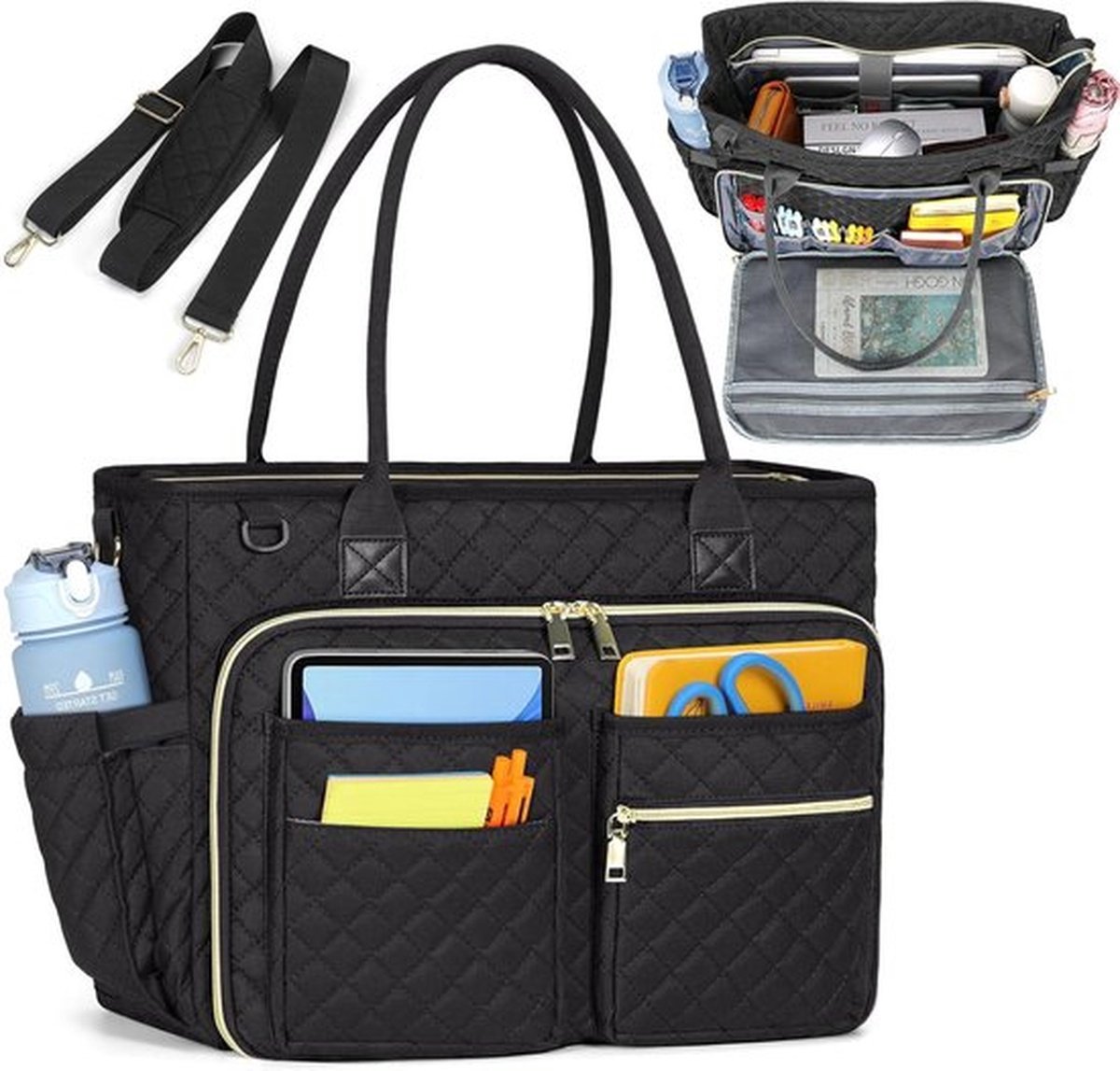 Docententas - Laptoptas voor dames - Werktas voor laptop, verpleegkundigentas - Professionele laptoptas met geïsoleerd vak, aktetas voor kantoor, school, verpleegkunde, zwart