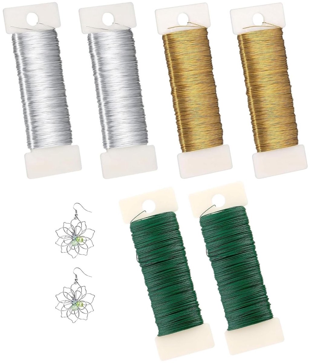 0.35 mm x 300 m bloemen draad, 6 rollen dunne craft wire in goud, groen en zilver voor knutselen, kerstdecoratie, planten en bloemen