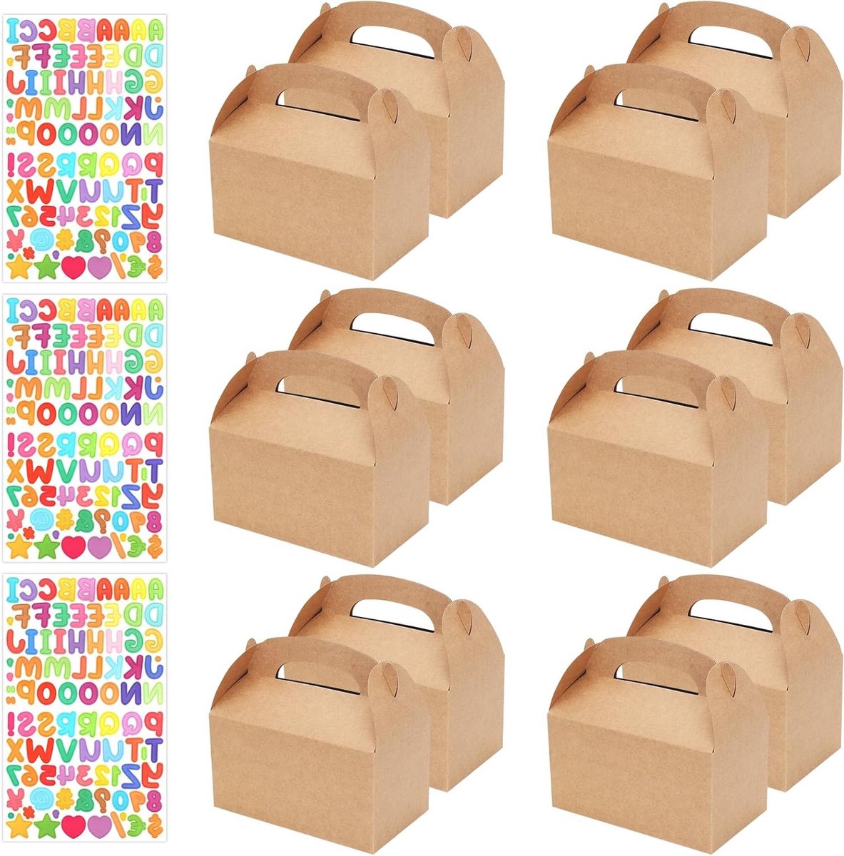 Set van 12 Lege Cadeauboxen met 3 Lettervorm Stickers - Kartonnen Cakeboxen voor Kinderfeestjes, Bruiloften en Babyshowers - 16 x 9 x 8.5 cm (Bruin)